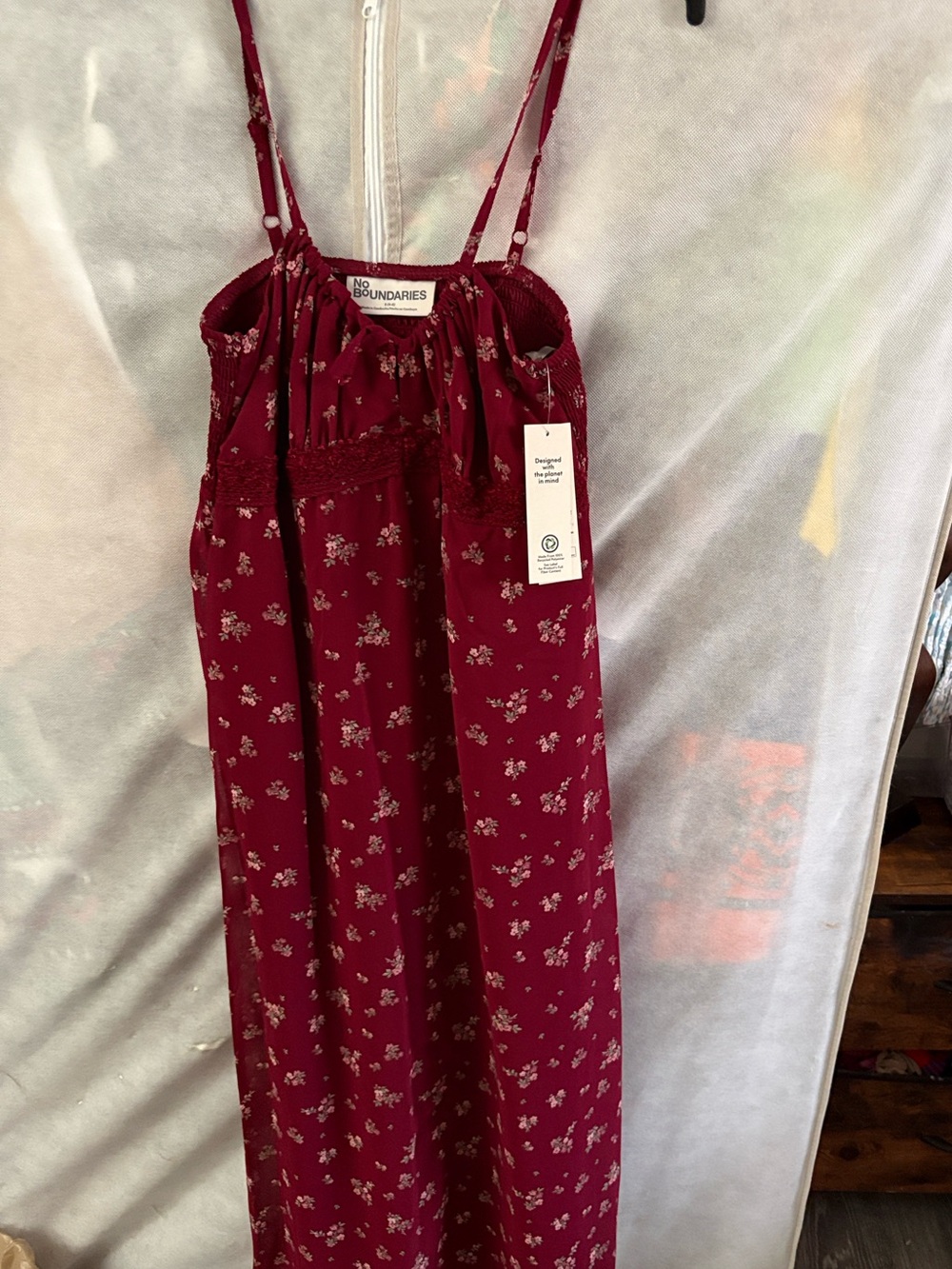 No Boundaries Wine Red Floral Smocked Midi Dress